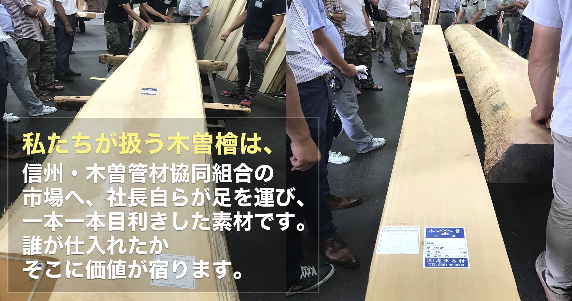 私たちが扱う木曽檜は、信州・木曽管材協同組合の市場から、社長自らが現地に足を運び、一本一本目利きした素材です。